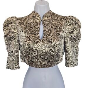 Bebe Gold Black Baroque Brocade Crop Top Size 2 Puff Sleeve Keyhole Glam Party